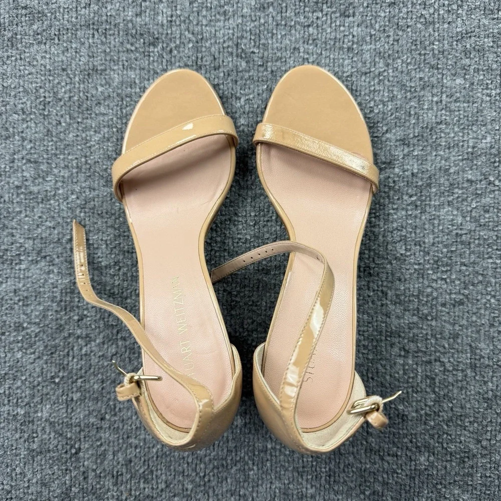 Stuart Weitzman Nude Patent Ankle Strap Block Heel‎ Sandals 9.5M As-Is